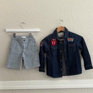 Boys Bundle: Denim Patch Shirt (Brazilian Brand) + Zara Shorts – Sizes 4 & 6
